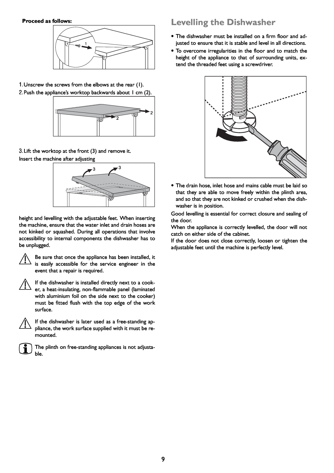 John Lewis JLDWW 1203 instruction manual Levelling the Dishwasher, Proceed as follows 