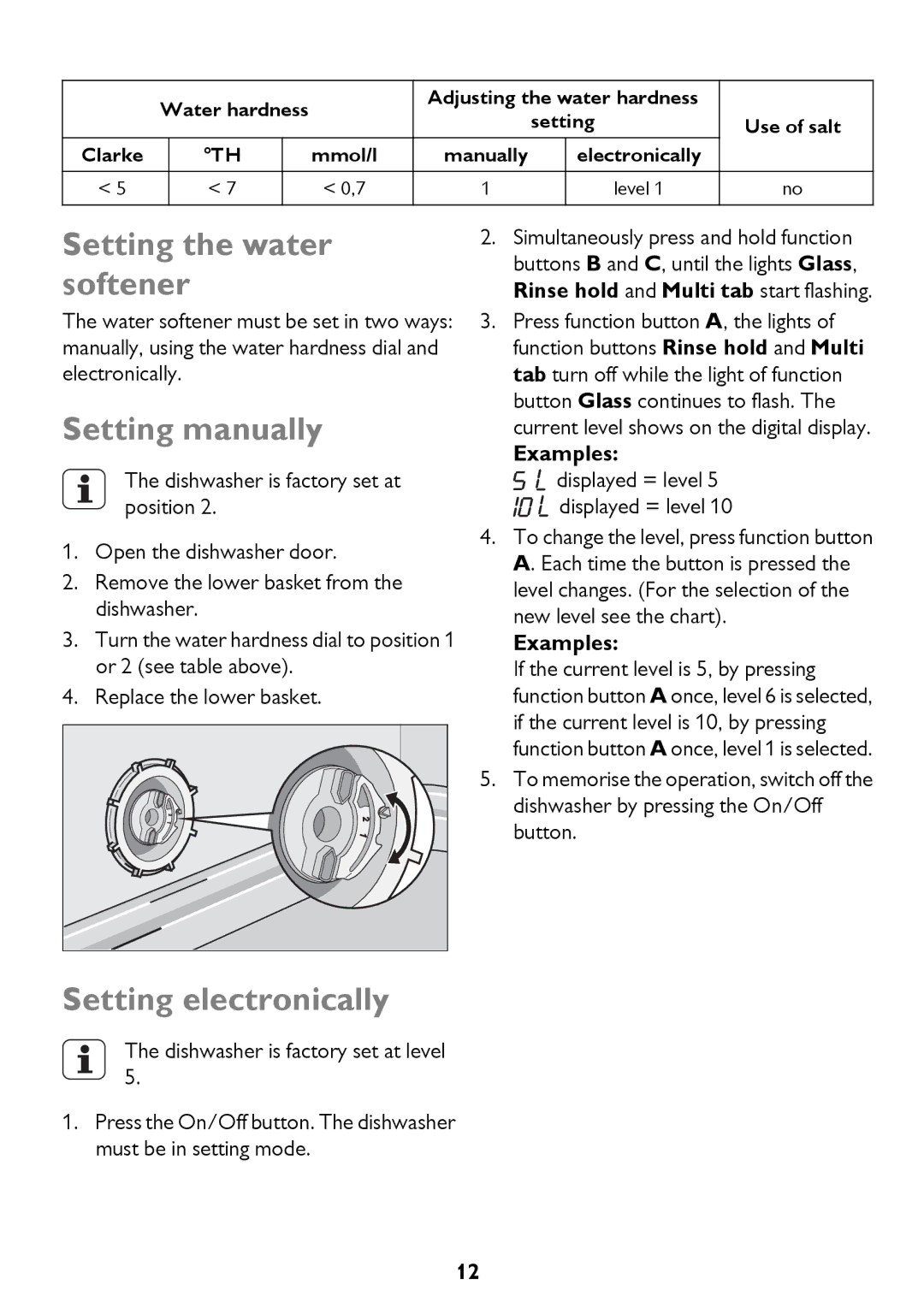 John Lewis JLDWW 1205 instruction manual Setting the water softener, Setting manually, Setting electronically, Examples 