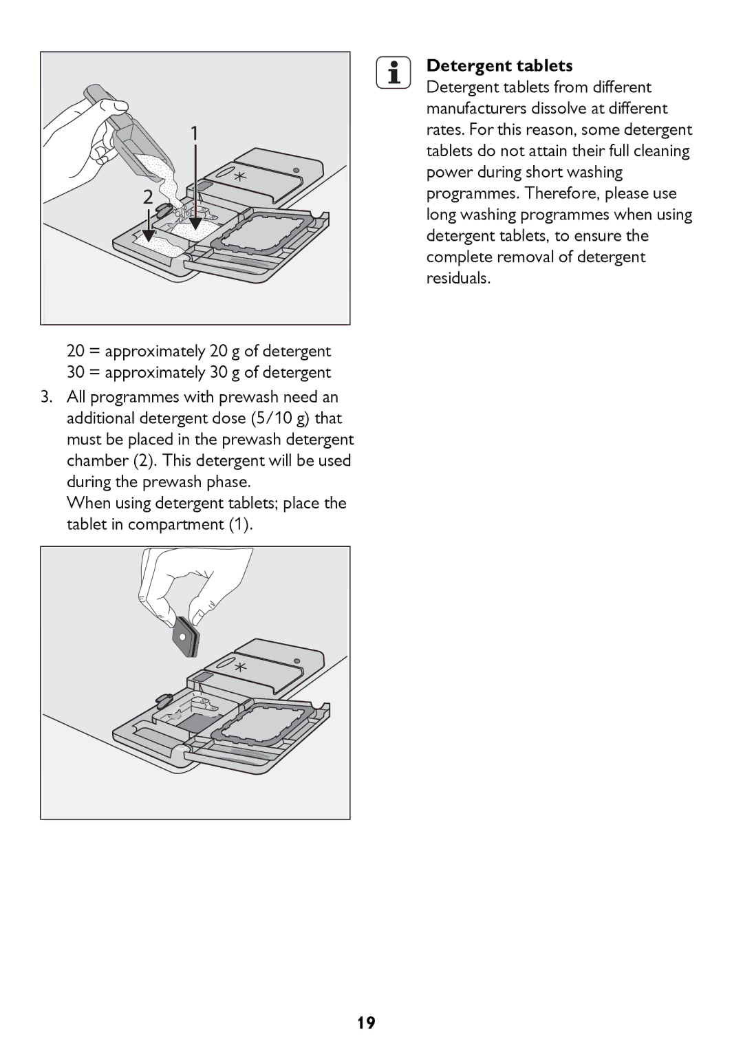 John Lewis JLDWW 1205 instruction manual When using detergent tablets place the tablet in compartment 