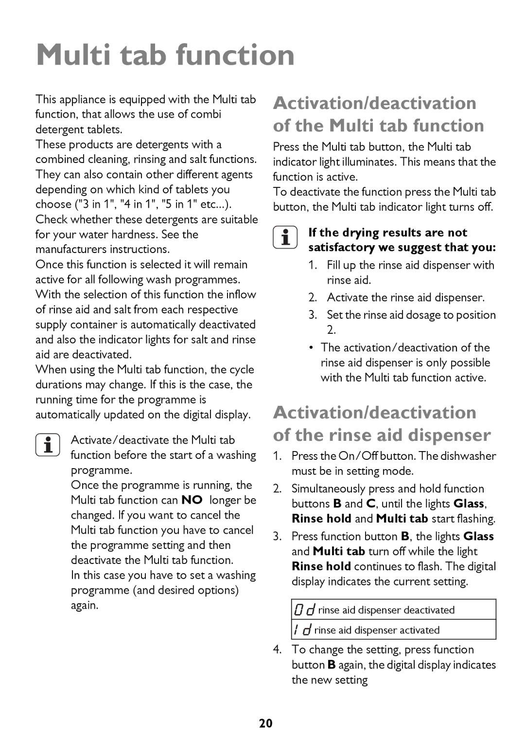 John Lewis JLDWW 1205 instruction manual Activation/deactivation of the Multi tab function 