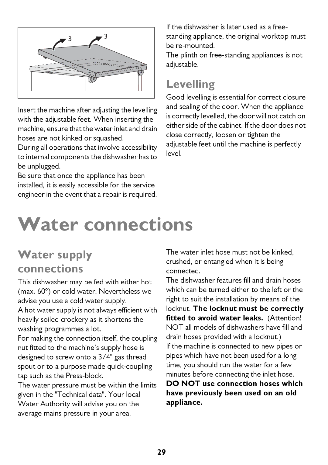 John Lewis JLDWW 1205 instruction manual Water connections, Levelling, Water supply connections 