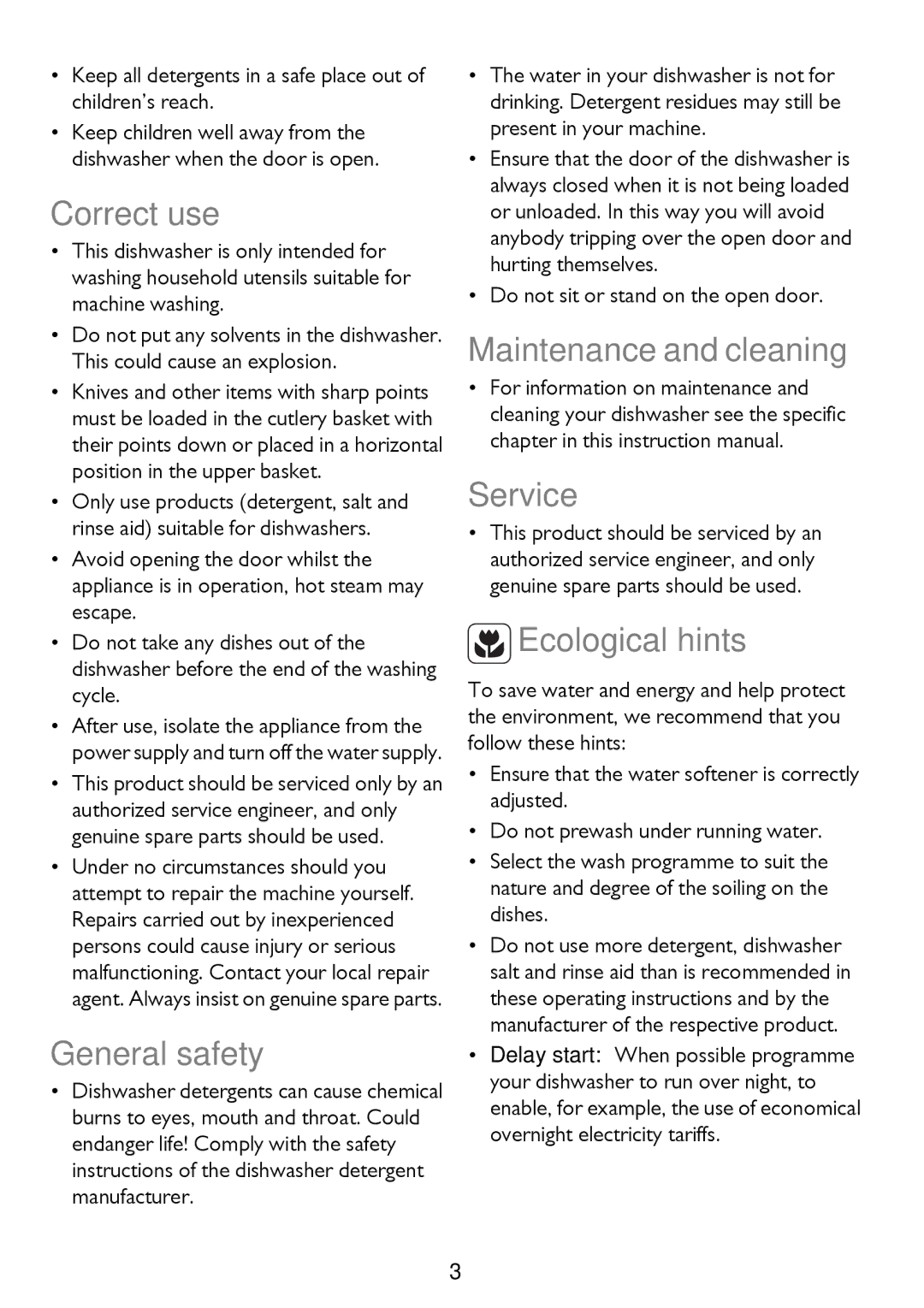 John Lewis JLDWW 1205 instruction manual Correct use, General safety, Maintenance and cleaning Service, Ecological hints 