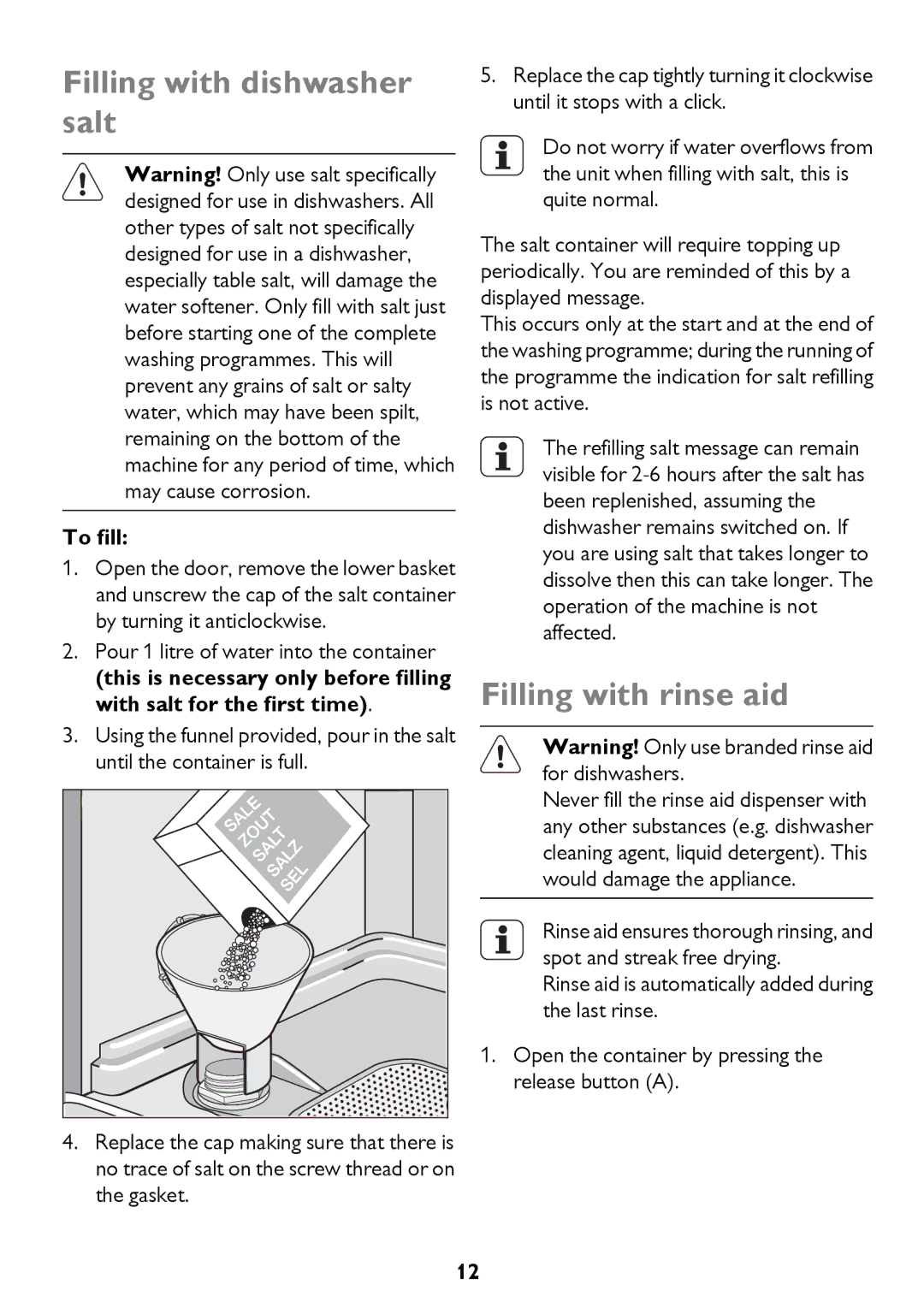 John Lewis JLDWW 1206 instruction manual Filling with dishwasher salt, Filling with rinse aid, To fill 