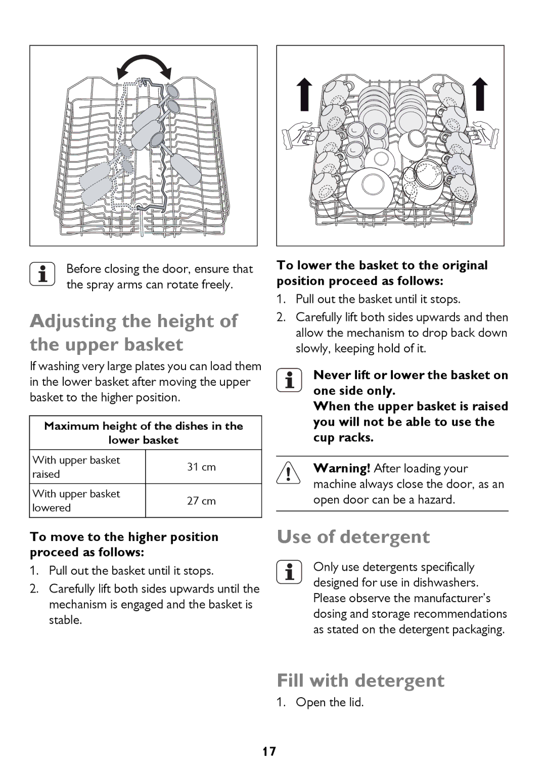 John Lewis JLDWW 1206 instruction manual Adjusting the height of the upper basket, Use of detergent, Fill with detergent 