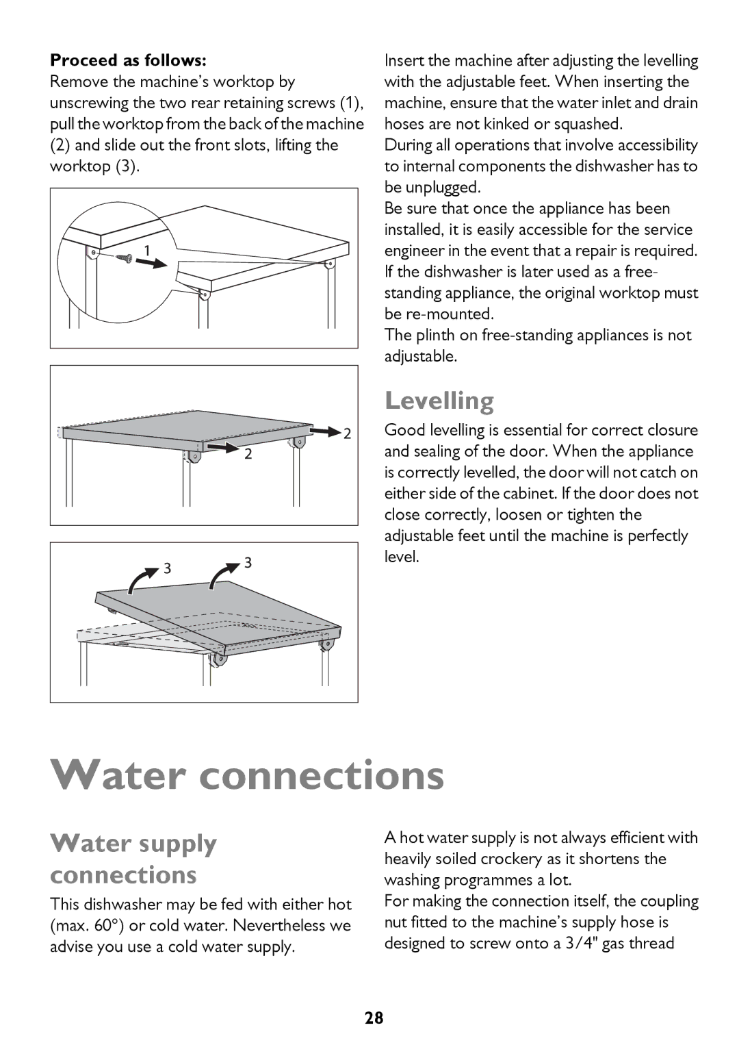 John Lewis JLDWW 1206 instruction manual Water connections, Levelling, Water supply connections, Proceed as follows 