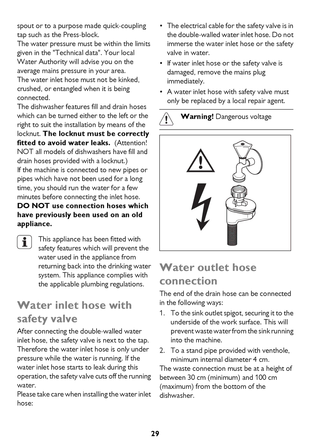 John Lewis JLDWW 1206 instruction manual Water inlet hose with safety valve, Water outlet hose connection 