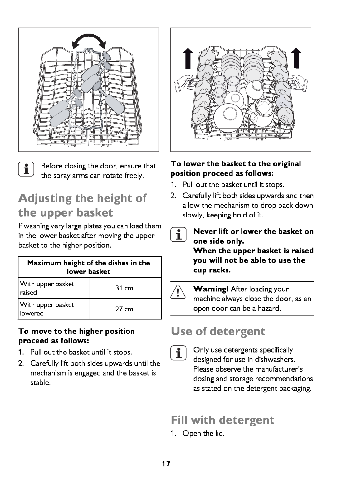 John Lewis JLDWW 1206 instruction manual Adjusting the height of the upper basket, Use of detergent, Fill with detergent 