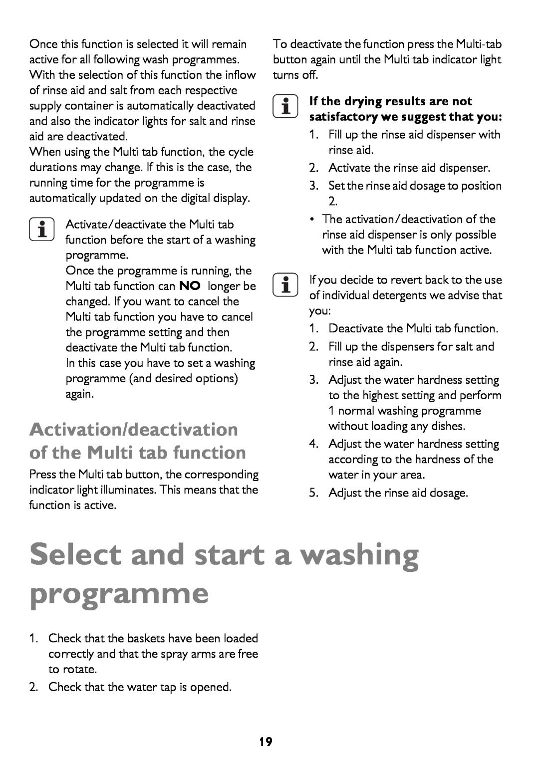 John Lewis JLDWW 1206 Select and start a washing programme, Activation/deactivation of the Multi tab function 