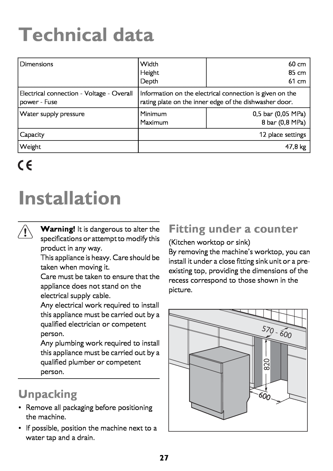 John Lewis JLDWW 1206 instruction manual Technical data, Installation, Unpacking, Fitting under a counter 