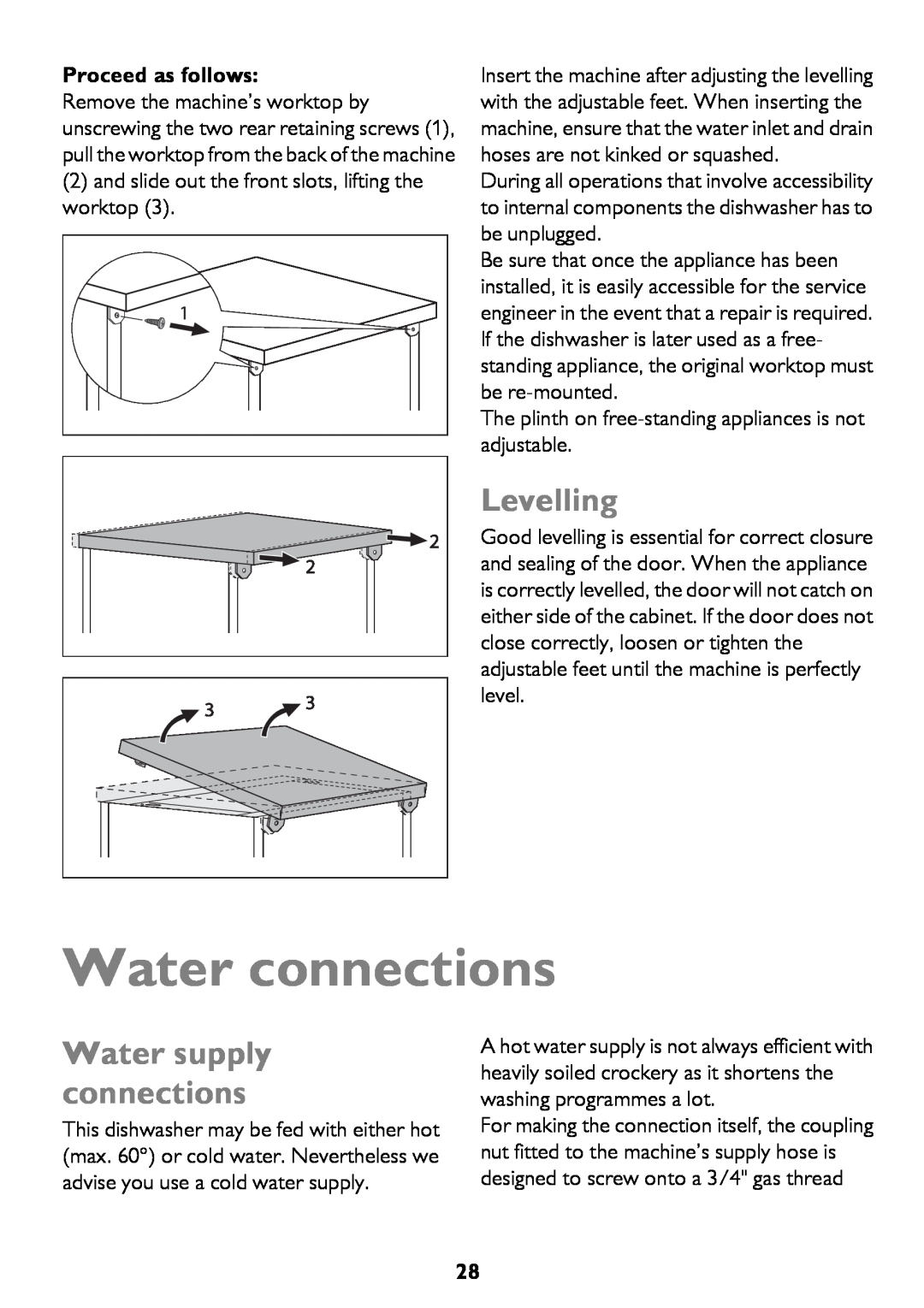 John Lewis JLDWW 1206 instruction manual Water connections, Levelling, Water supply connections, Proceed as follows 