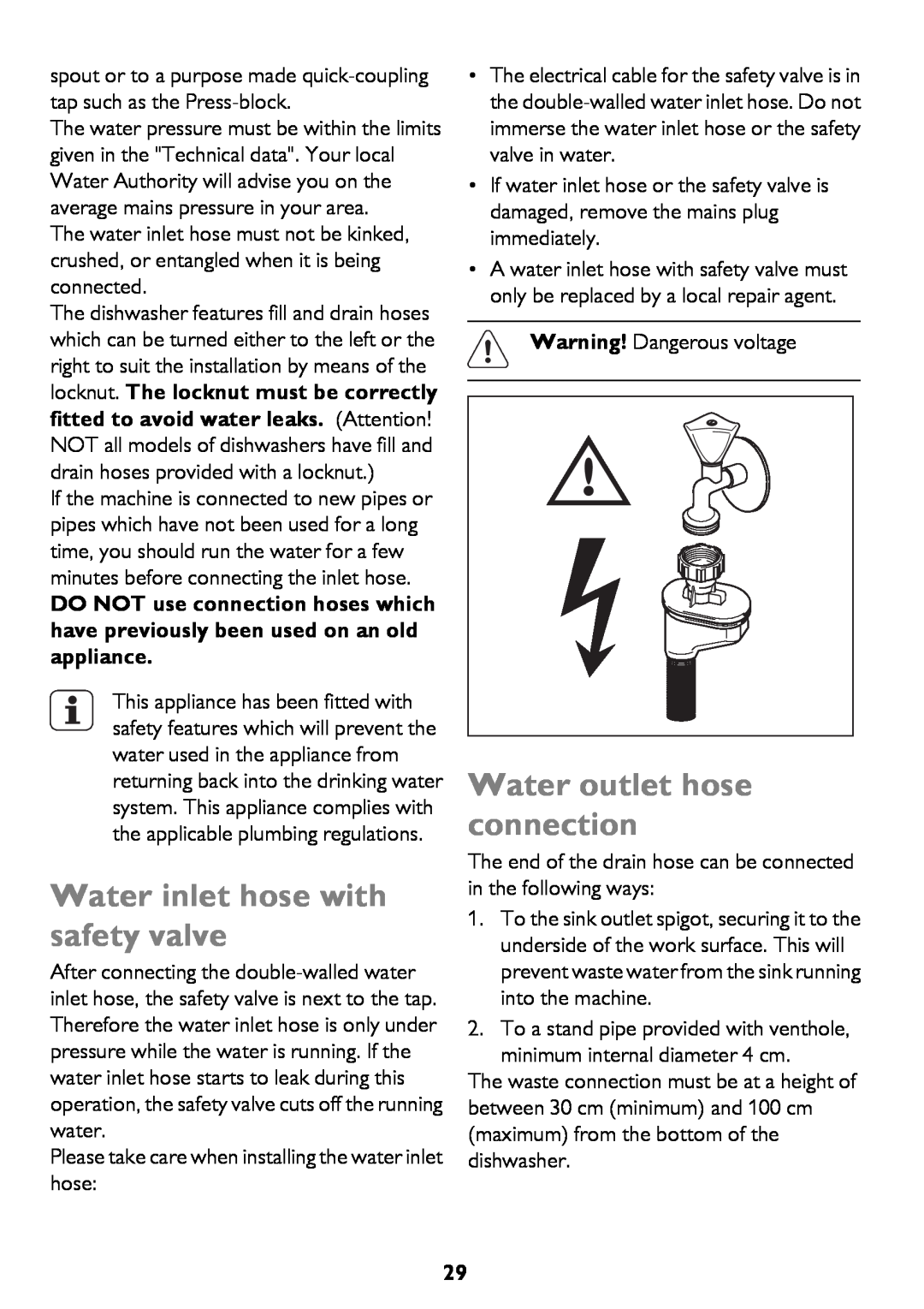 John Lewis JLDWW 1206 instruction manual Water inlet hose with safety valve, Water outlet hose connection 