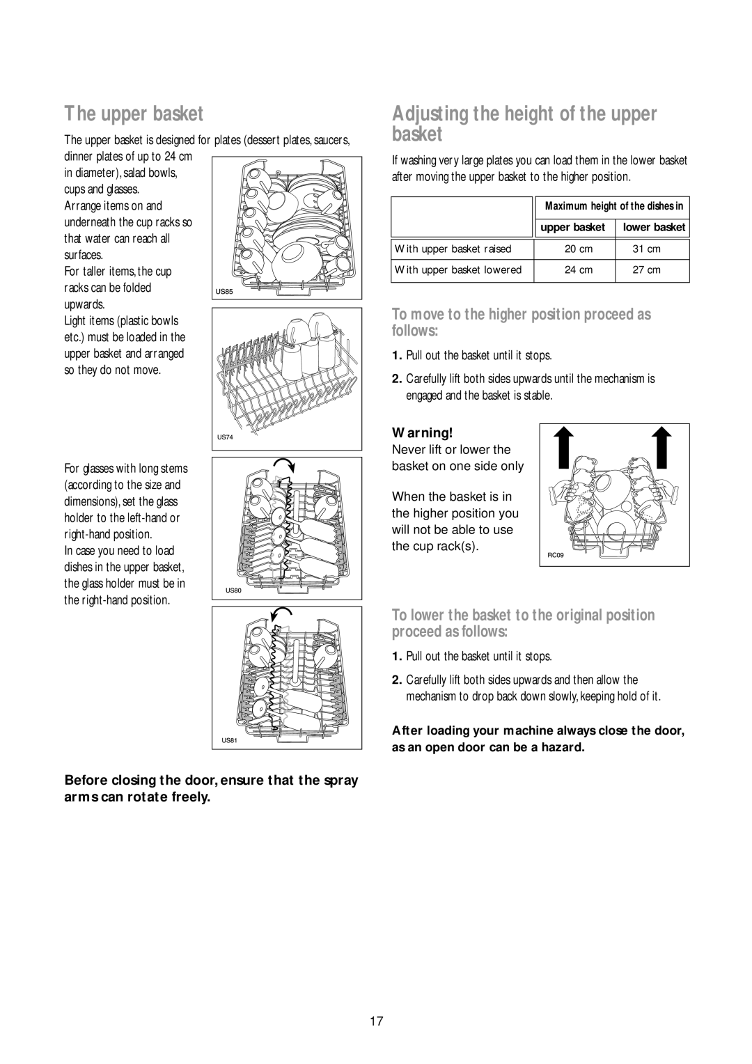 John Lewis JLDWW 905 instruction manual Upper basket, Adjusting the height of the upper basket, So they do not move 