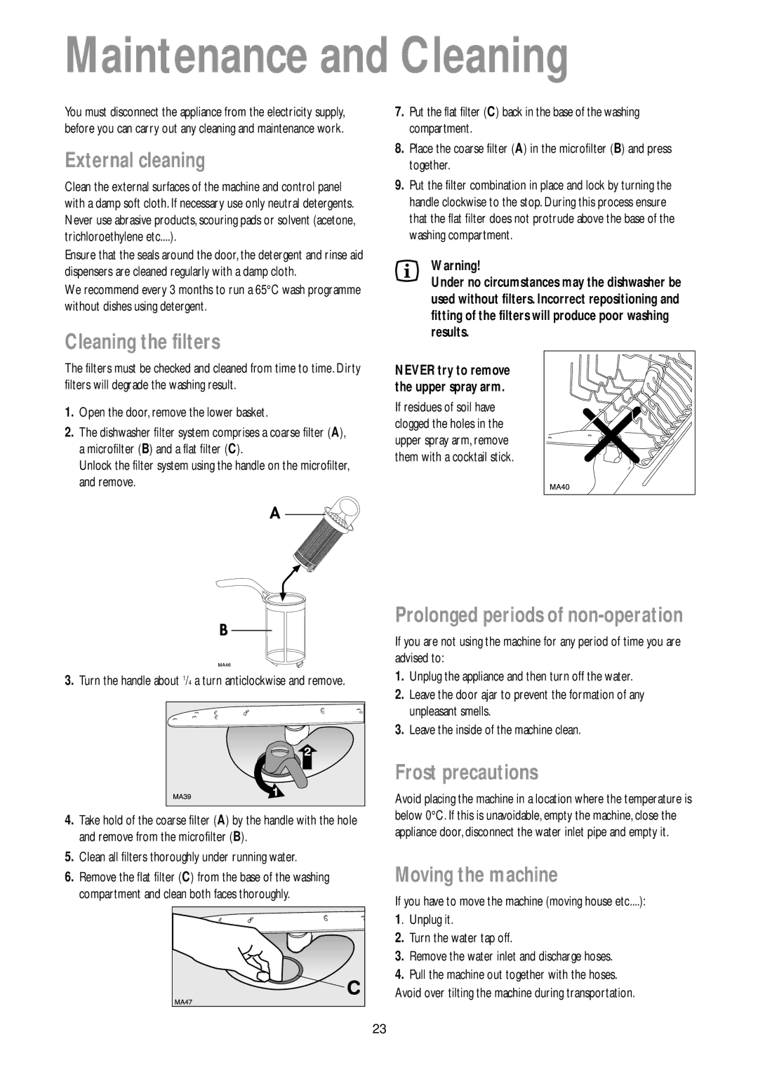 John Lewis JLDWW 905 Maintenance and Cleaning, External cleaning, Cleaning the filters, Frost precautions 