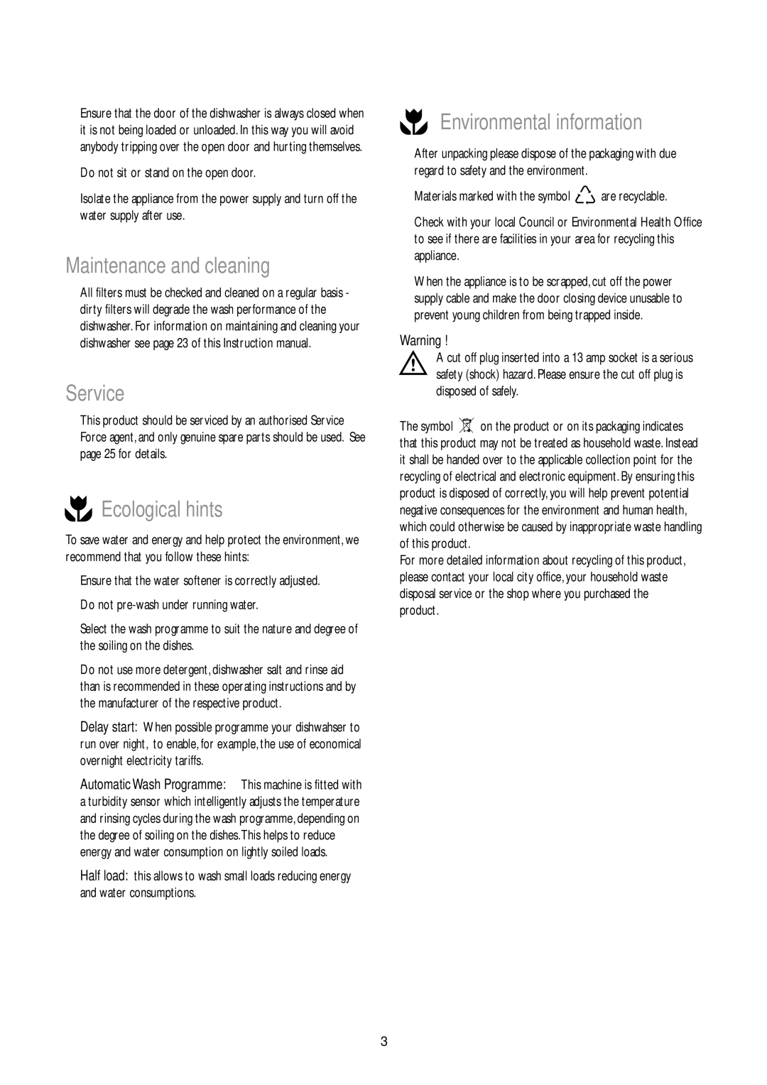 John Lewis JLDWW 905 instruction manual Maintenance and cleaning Service, Ecological hints, Environmental information 