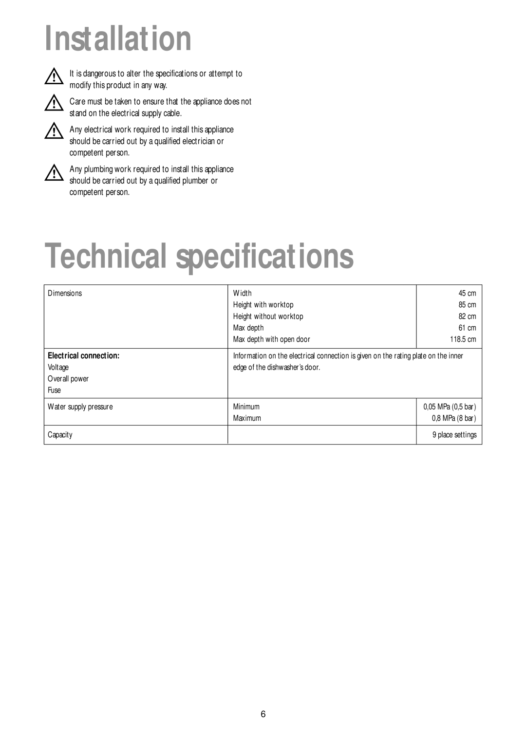 John Lewis JLDWW 905 instruction manual Installation, Technical specifications 