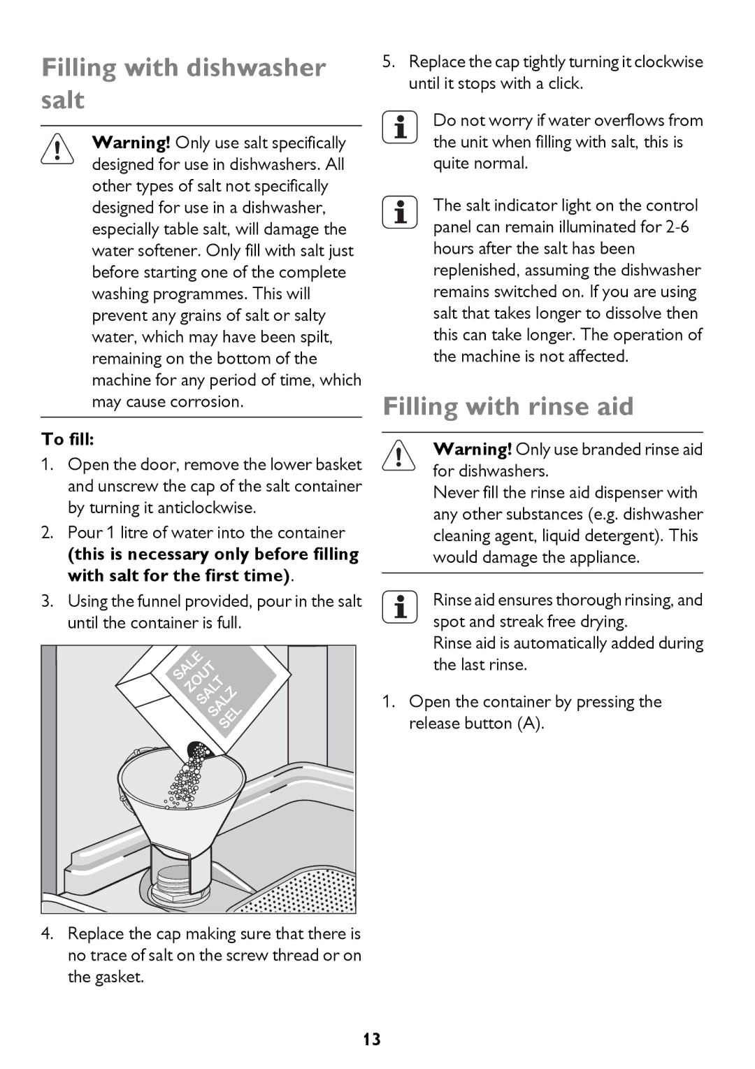 John Lewis JLDWW 906 instruction manual Filling with dishwasher salt, Filling with rinse aid, To fill 