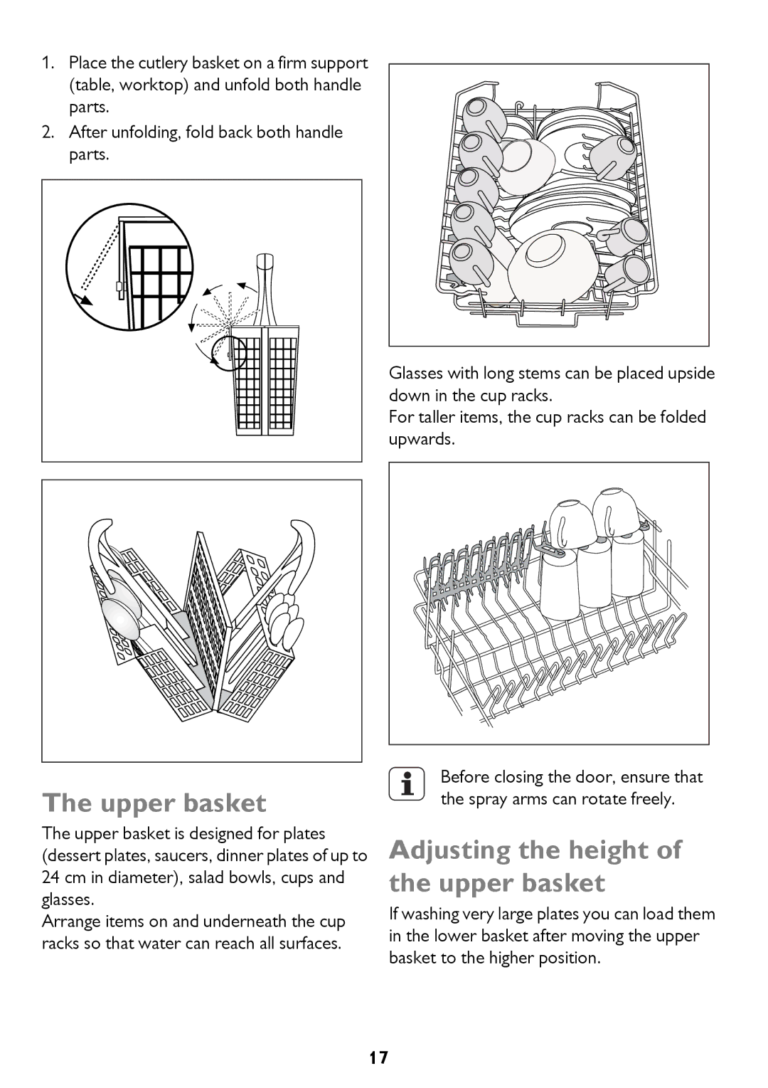 John Lewis JLDWW 906 instruction manual Upper basket, Adjusting the height of the upper basket 