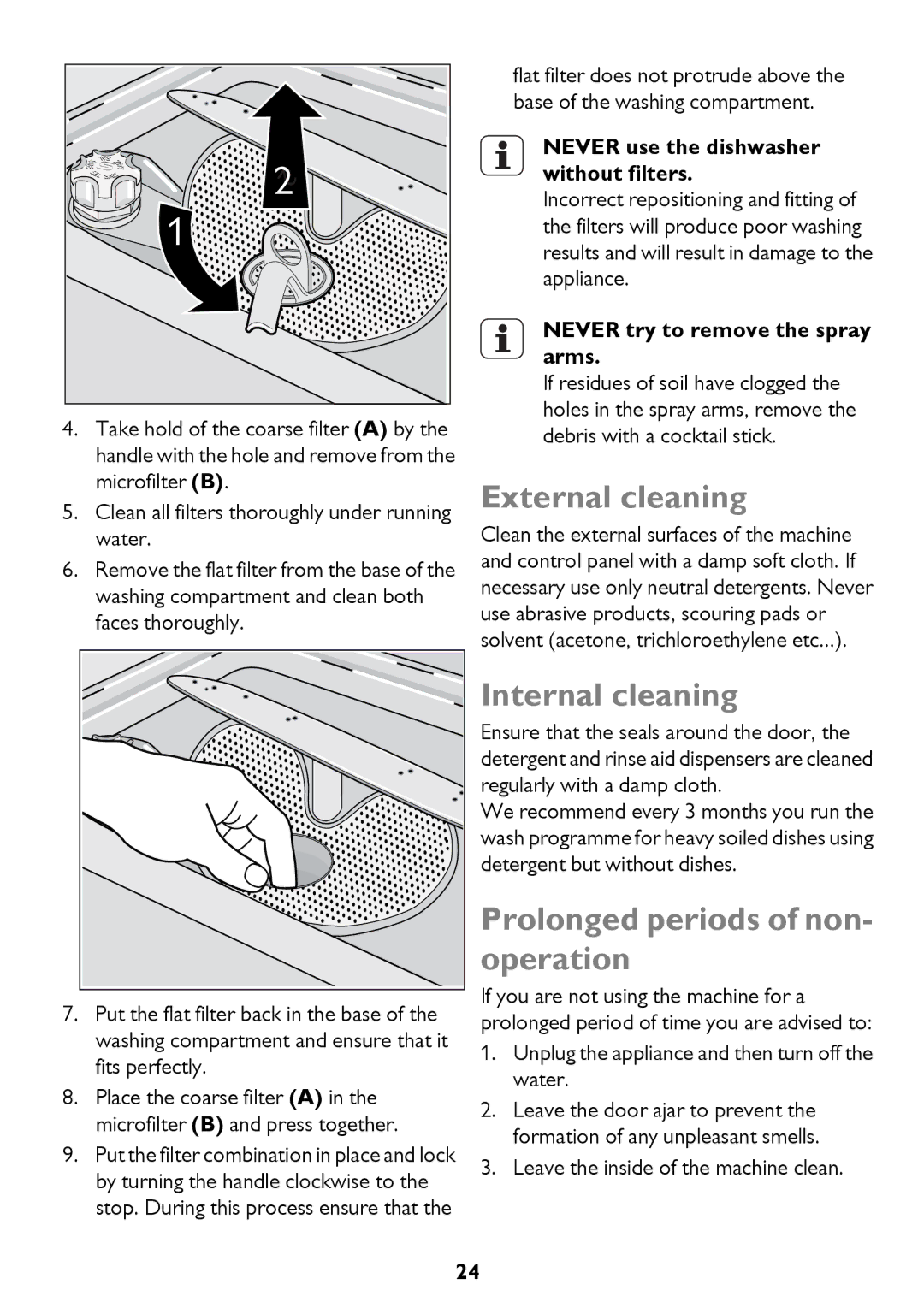 John Lewis JLDWW 906 instruction manual External cleaning, Internal cleaning, Prolonged periods of non- operation 