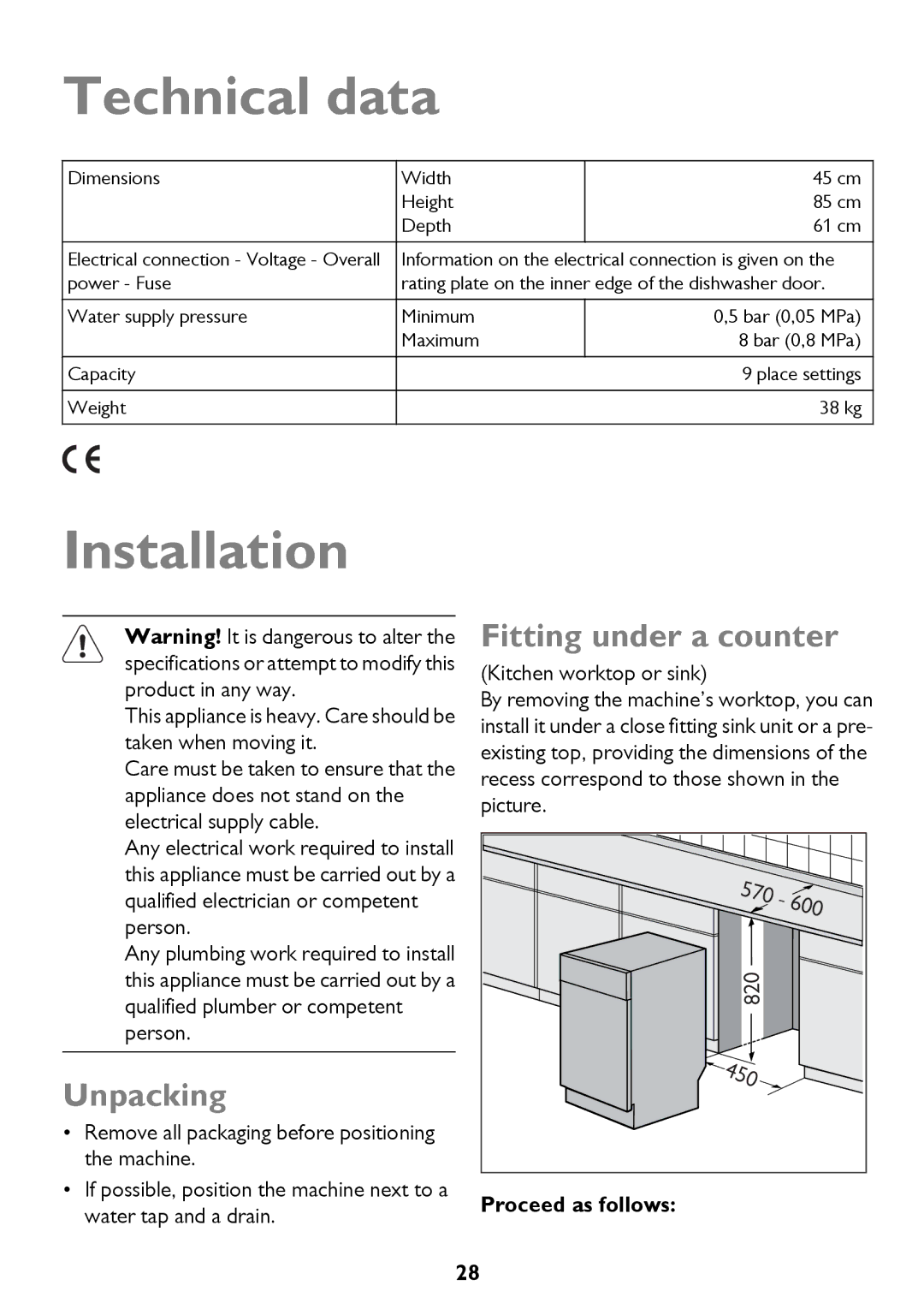 John Lewis JLDWW 906 Technical data, Installation, Unpacking, Fitting under a counter, Proceed as follows 