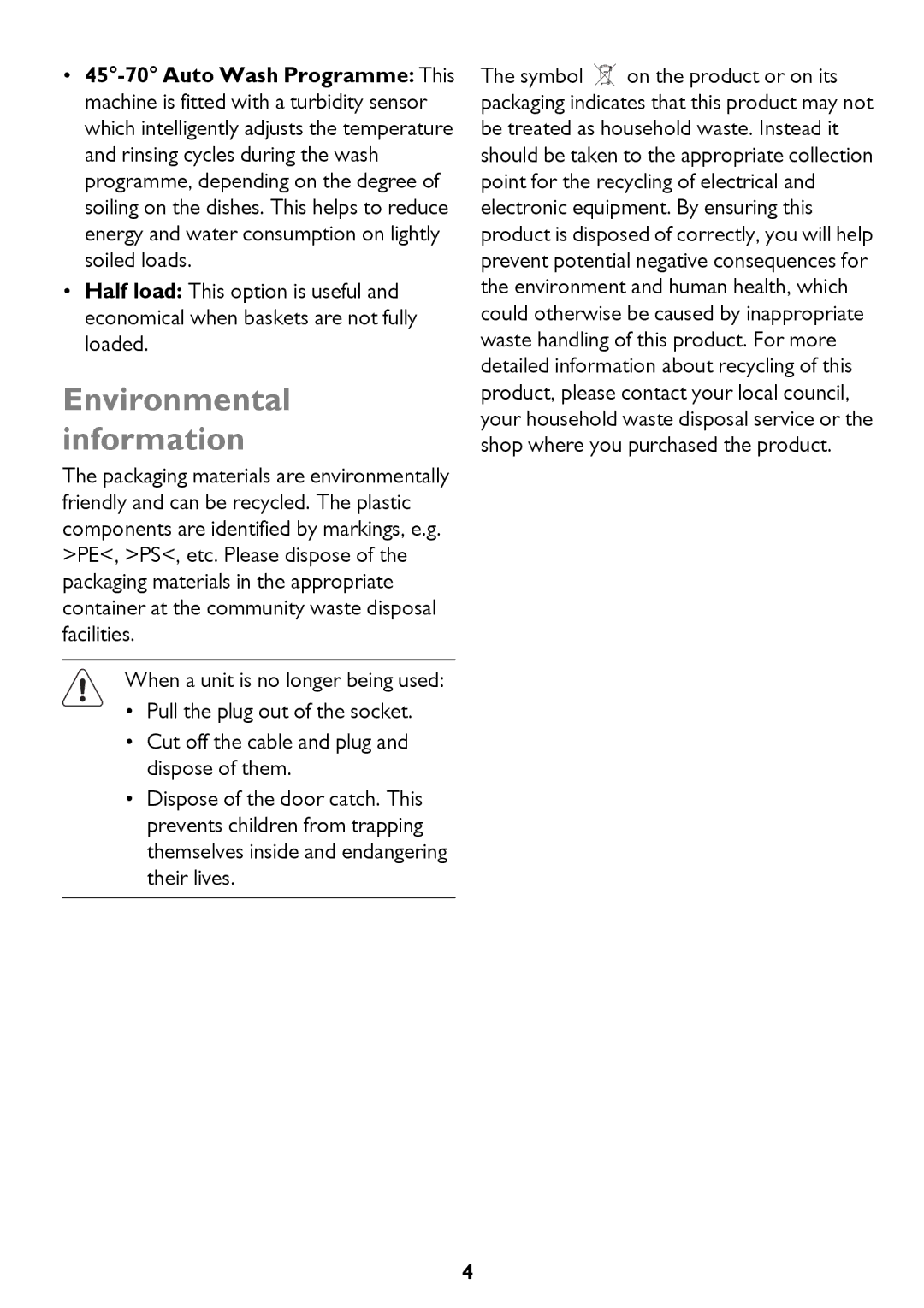 John Lewis JLDWW 906 instruction manual Environmental information 