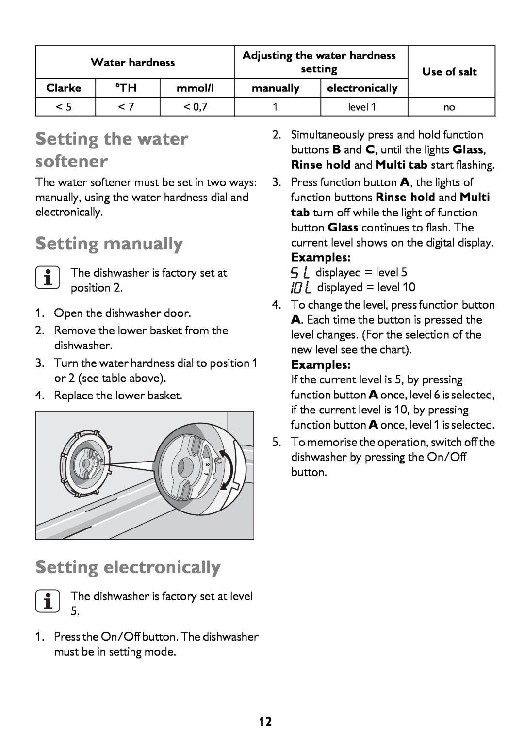 John Lewis JLDWW 906 instruction manual Setting the water softener, Setting manually, Setting electronically 