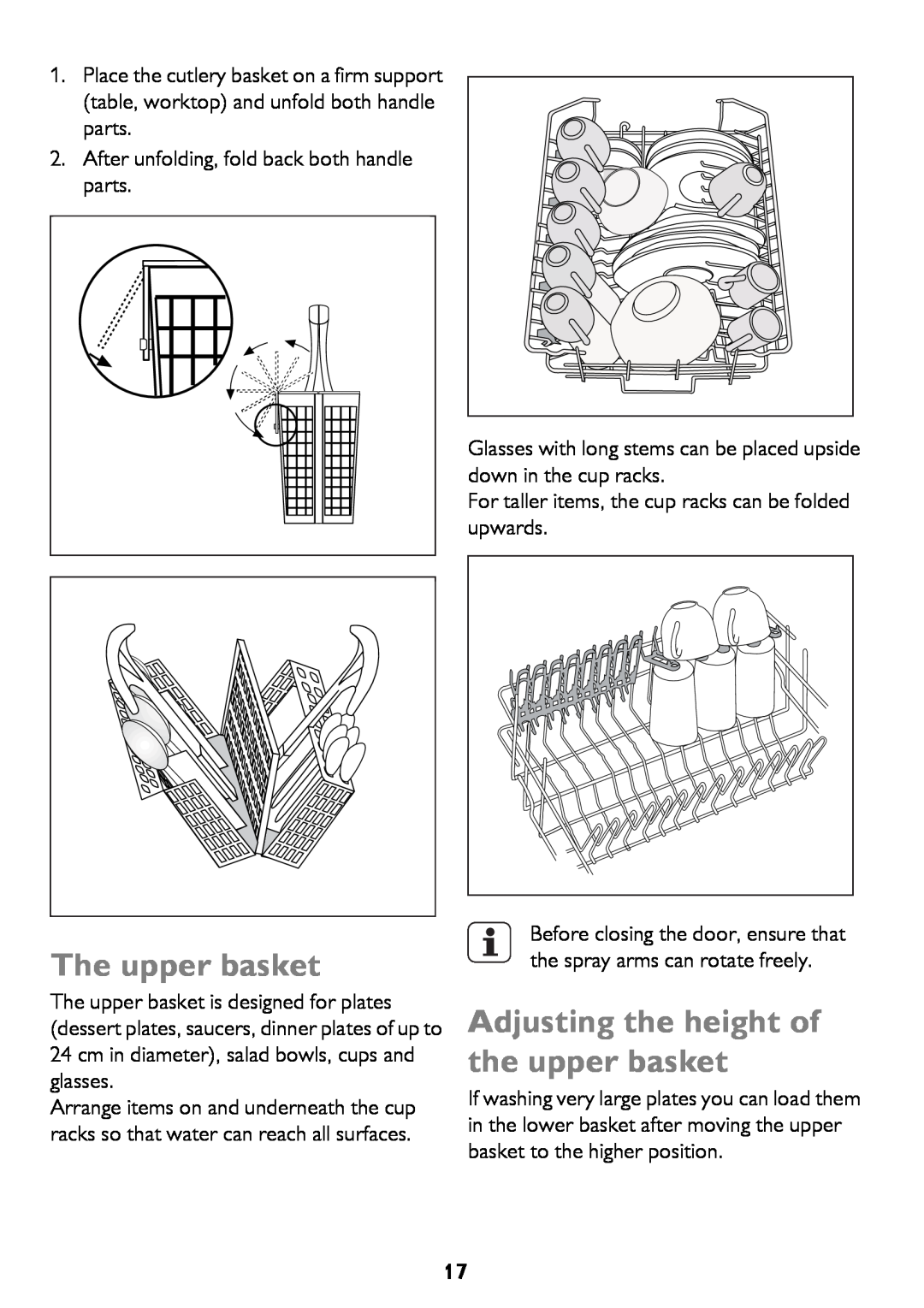 John Lewis JLDWW 906 instruction manual The upper basket, Adjusting the height of the upper basket 