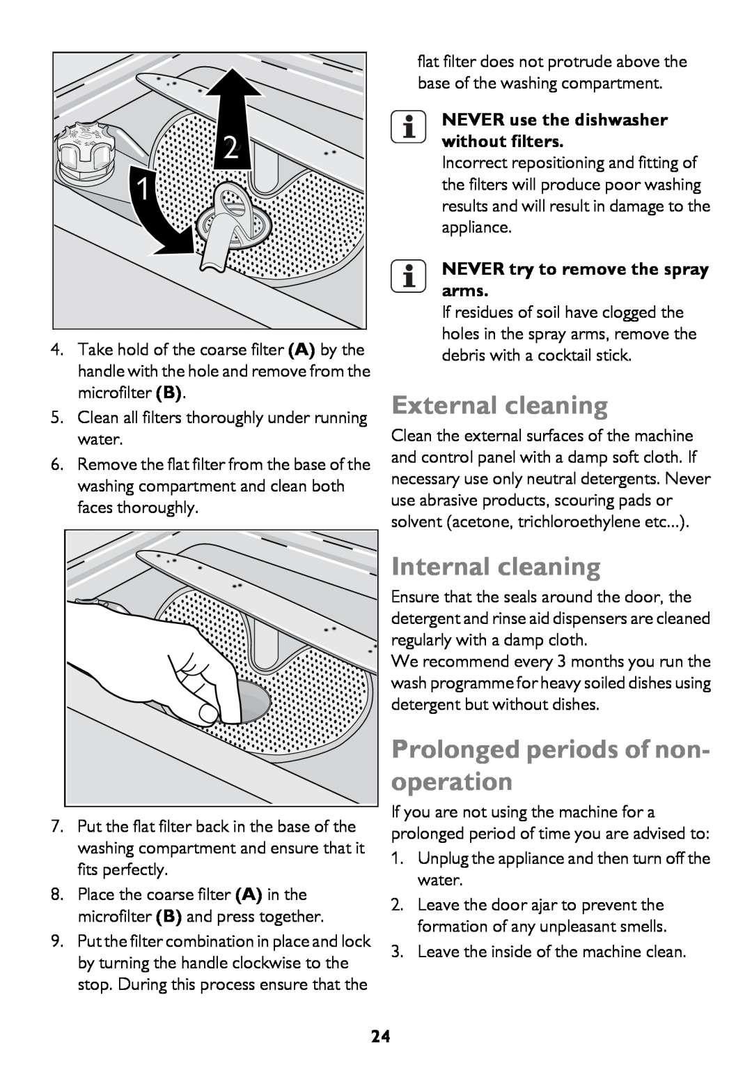 John Lewis JLDWW 906 instruction manual External cleaning, Internal cleaning, Prolonged periods of non- operation 