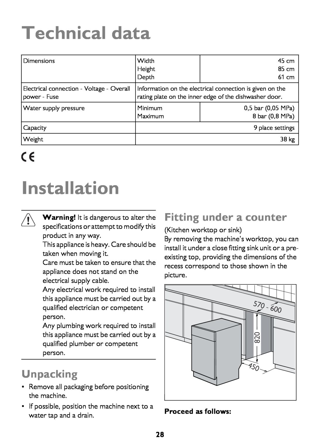 John Lewis JLDWW 906 instruction manual Technical data, Installation, Unpacking, Fitting under a counter 