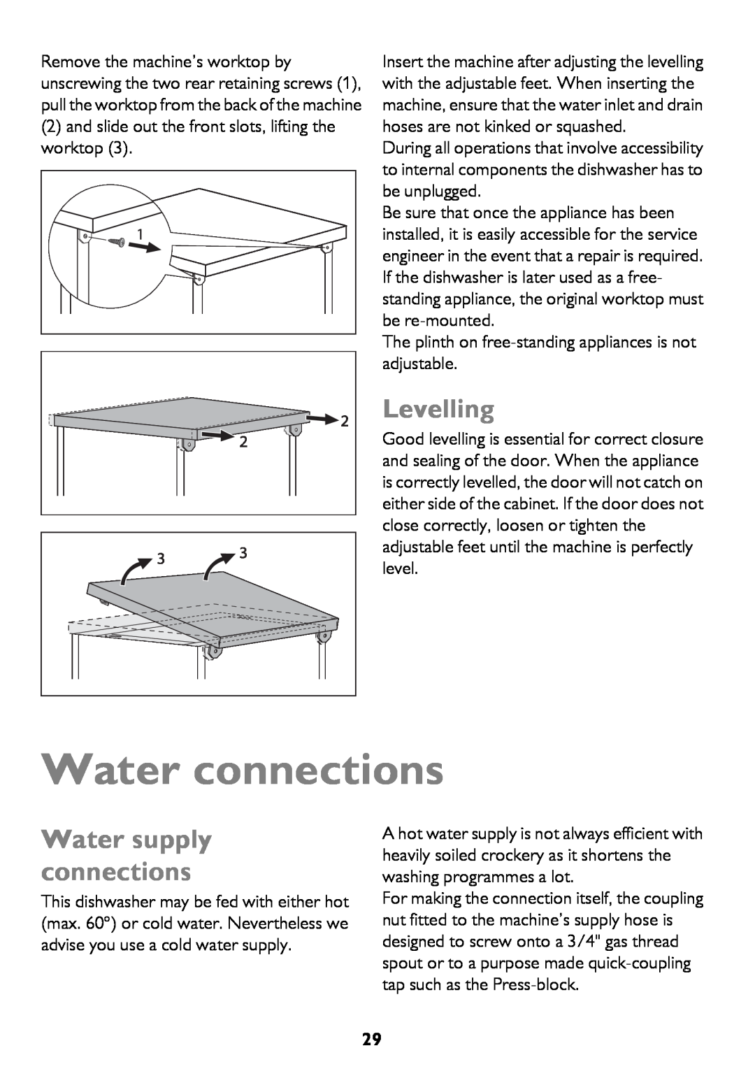 John Lewis JLDWW 906 instruction manual Water connections, Levelling, Water supply connections 