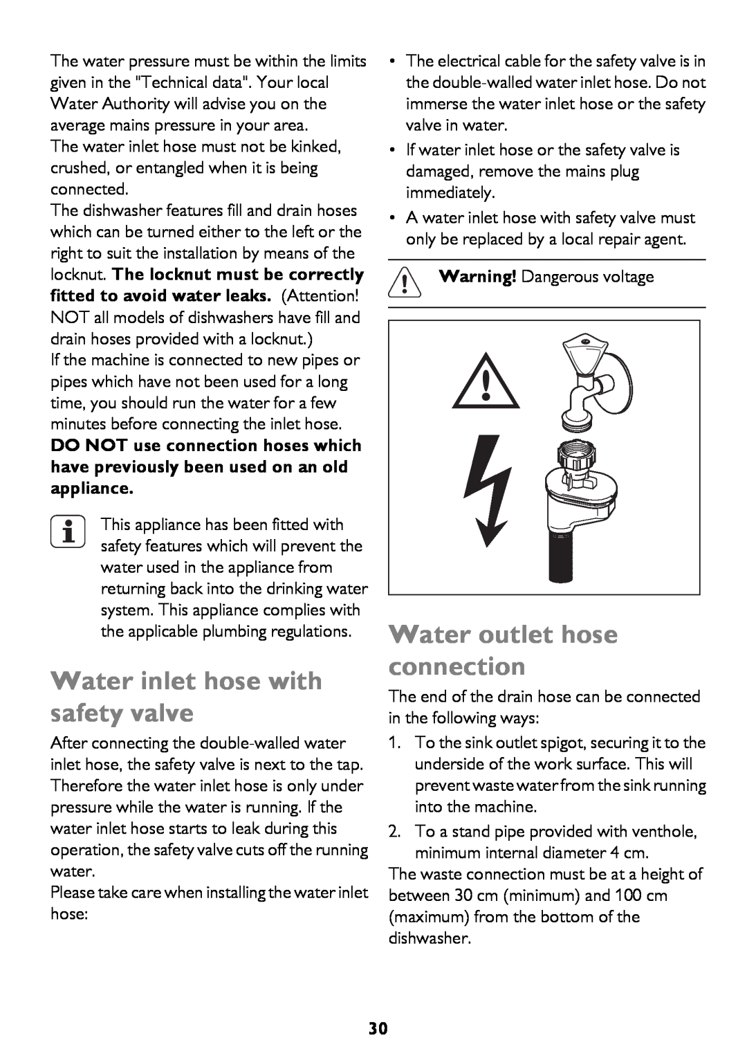 John Lewis JLDWW 906 instruction manual Water inlet hose with safety valve, Water outlet hose connection 