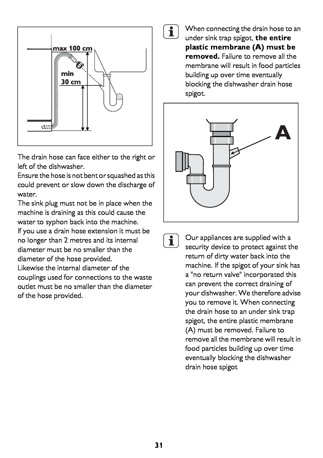 John Lewis JLDWW 906 instruction manual The drain hose can face either to the right or left of the dishwasher 