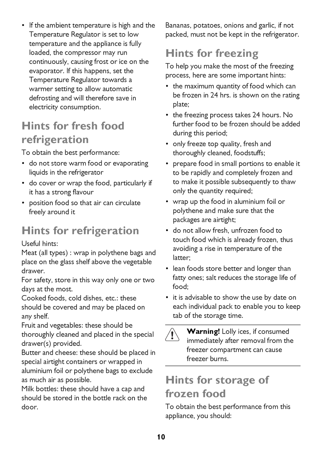 John Lewis JLFFIN175, JLFFW175 Hints for fresh food refrigeration, Hints for refrigeration, Hints for freezing 