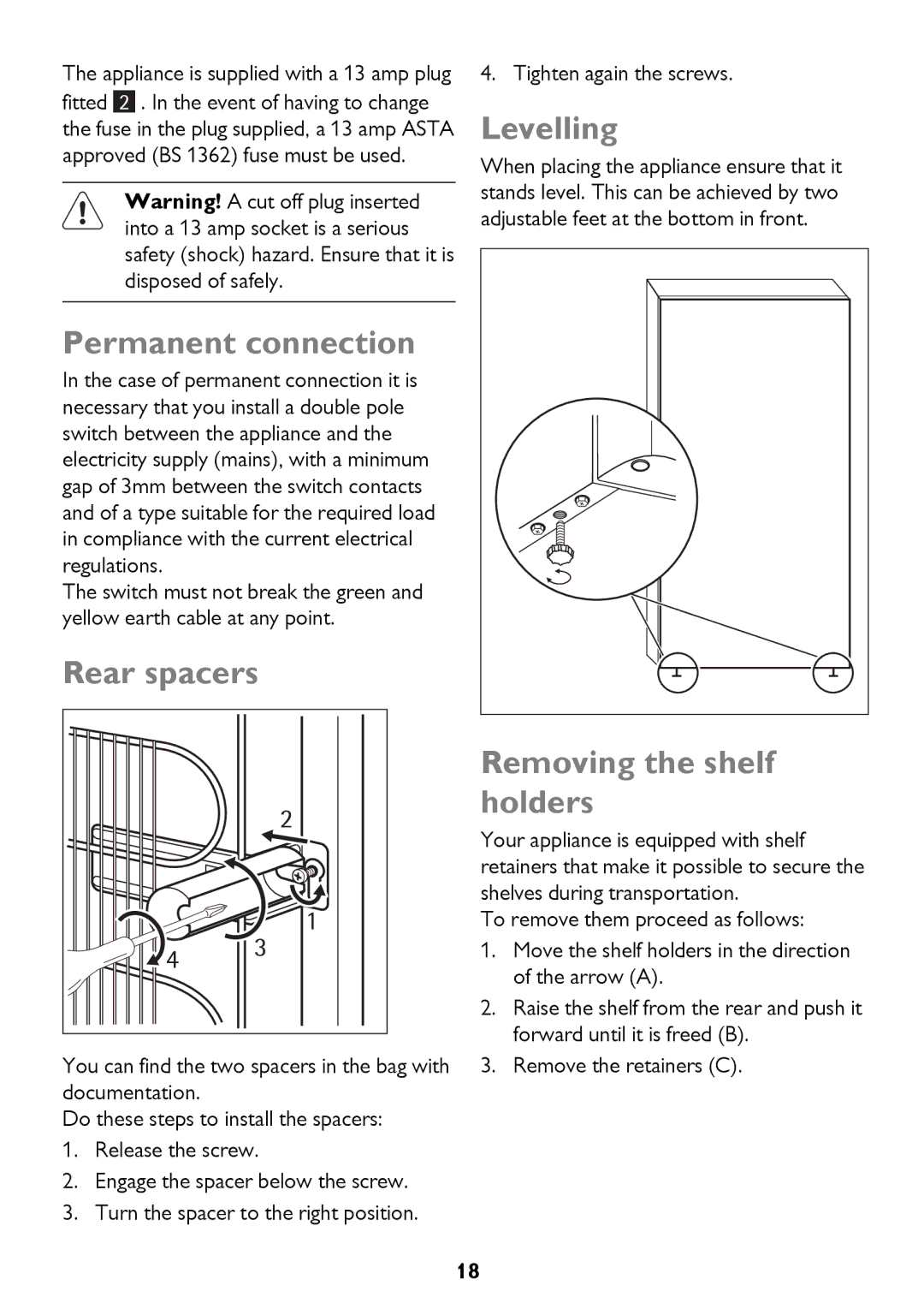 John Lewis JLFFIN175, JLFFW175 instruction manual Permanent connection, Rear spacers, Levelling, Removing the shelf holders 