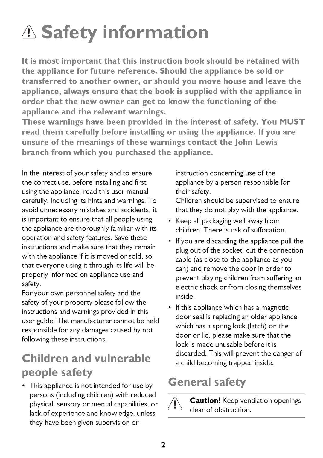 John Lewis JLFFIN175, JLFFW175 instruction manual Safety information, Children and vulnerable people safety, General safety 