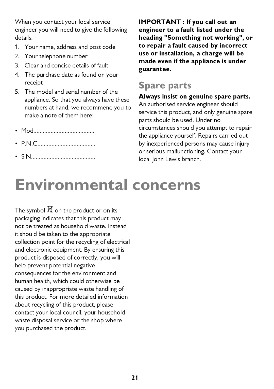 John Lewis JLFFW175, JLFFIN175 instruction manual Environmental concerns, Spare parts 