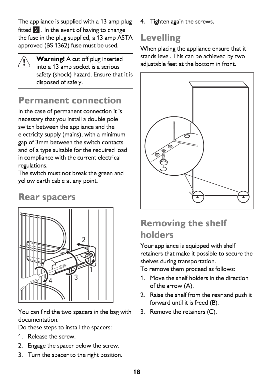 John Lewis JLFFIN175, JLFFW175 instruction manual Permanent connection, Rear spacers, Levelling, Removing the shelf holders 