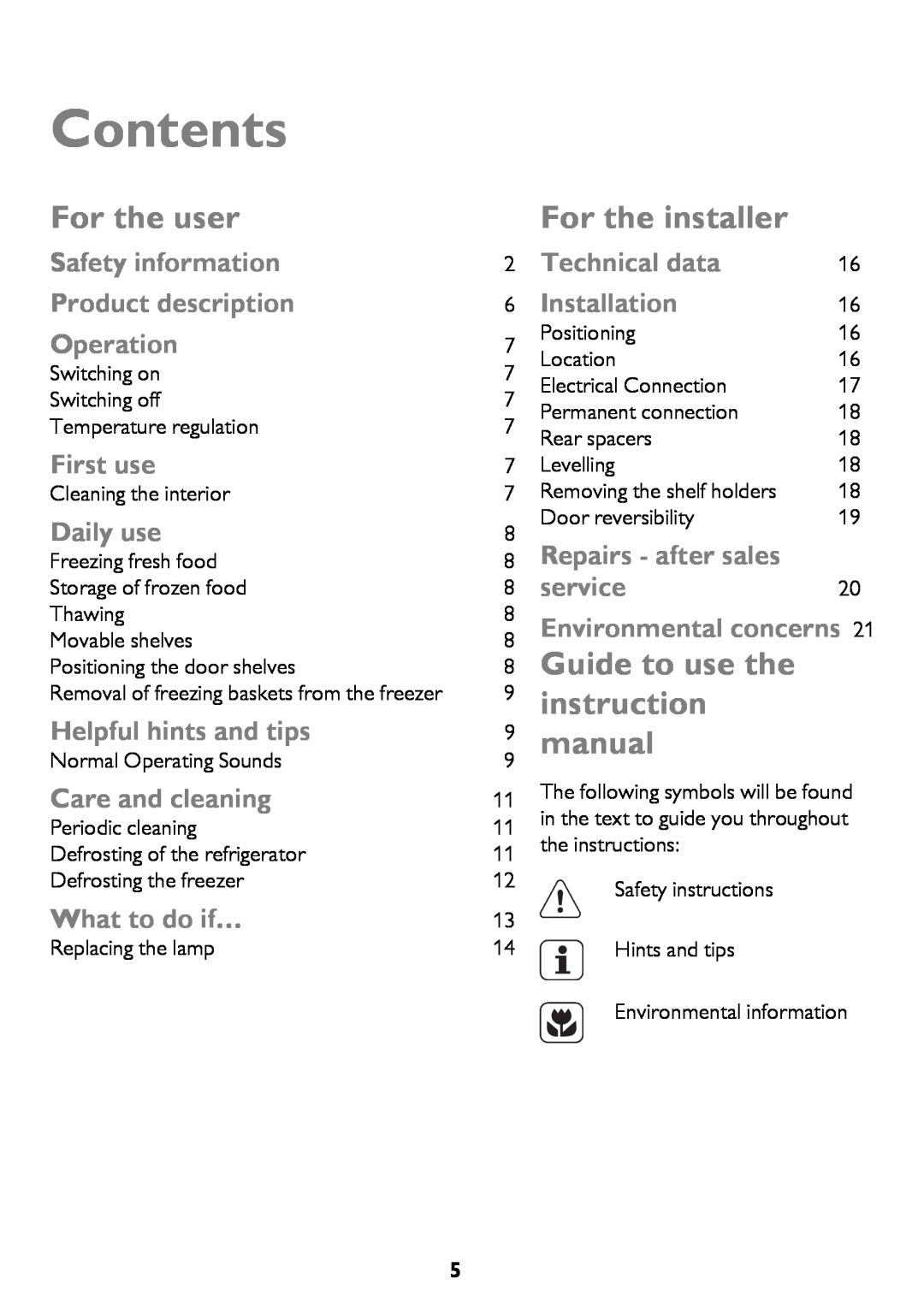 John Lewis JLFFW175, JLFFIN175 Contents, For the user, For the installer, Guide to use the, instruction, manual 