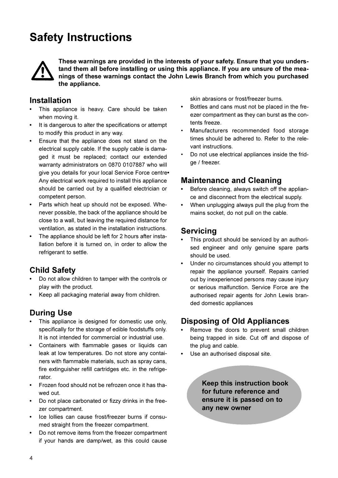 John Lewis JLFFS2002 manual Safety Instructions 