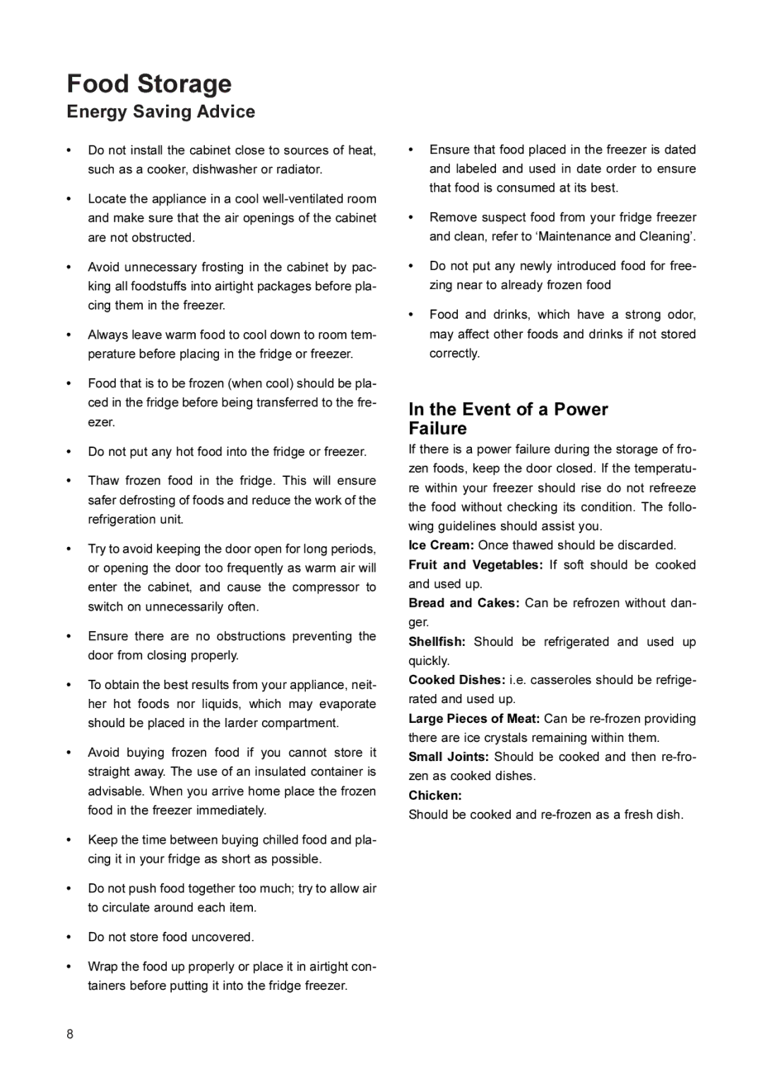 John Lewis JLFFS2002 manual Food Storage, Energy Saving Advice, Event of a Power Failure 