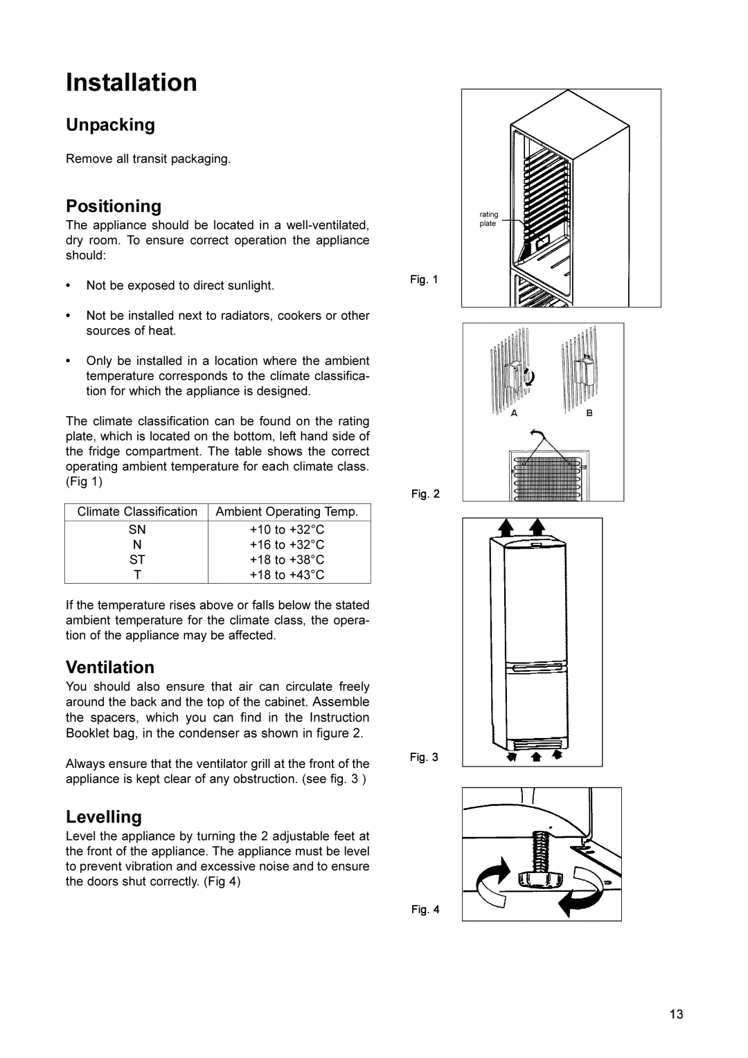 John Lewis JLFFS2002 manual Installation, Unpacking, Positioning, Ventilation, Levelling 