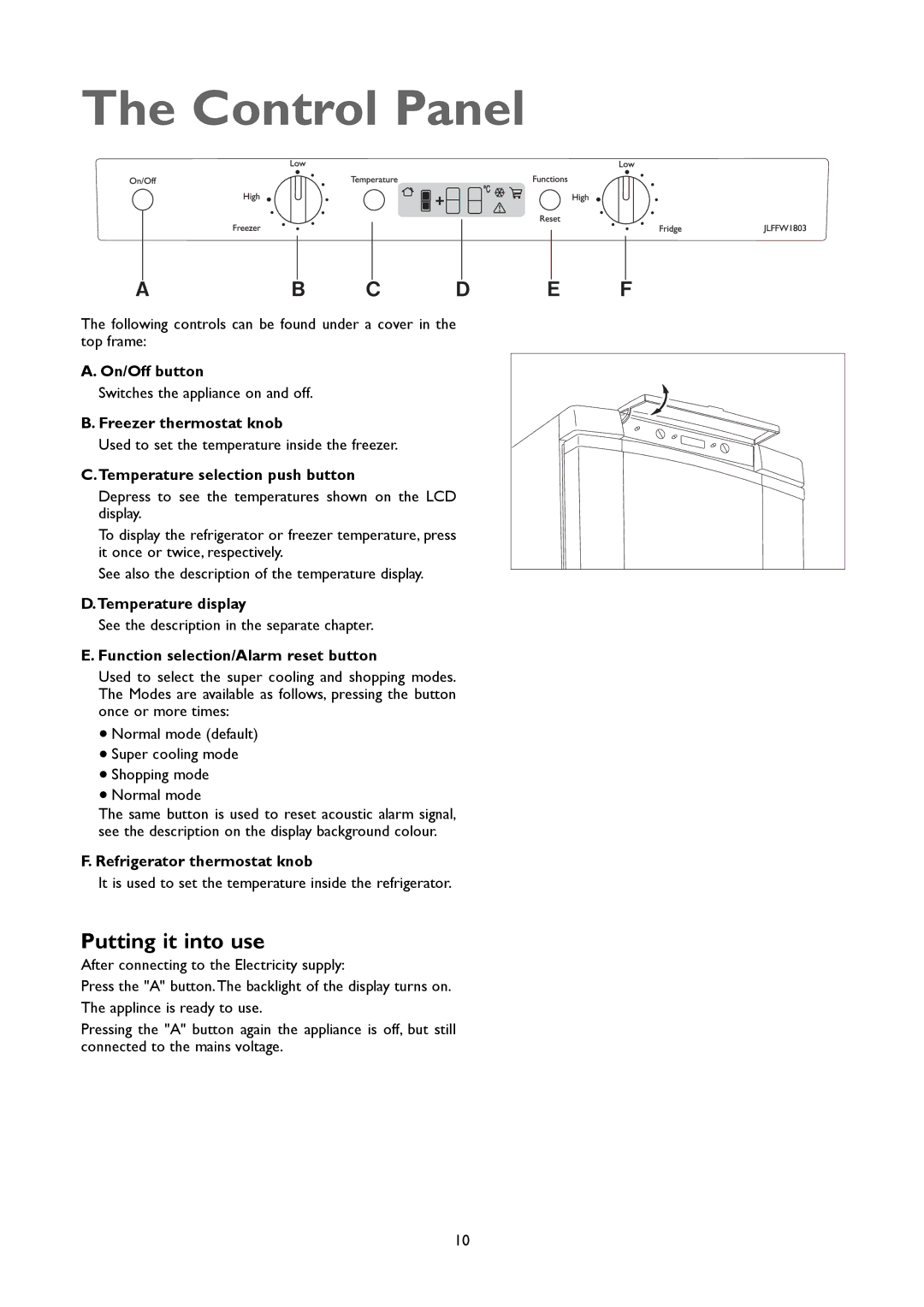 John Lewis JLFFW1803 instruction manual Control Panel, Putting it into use 