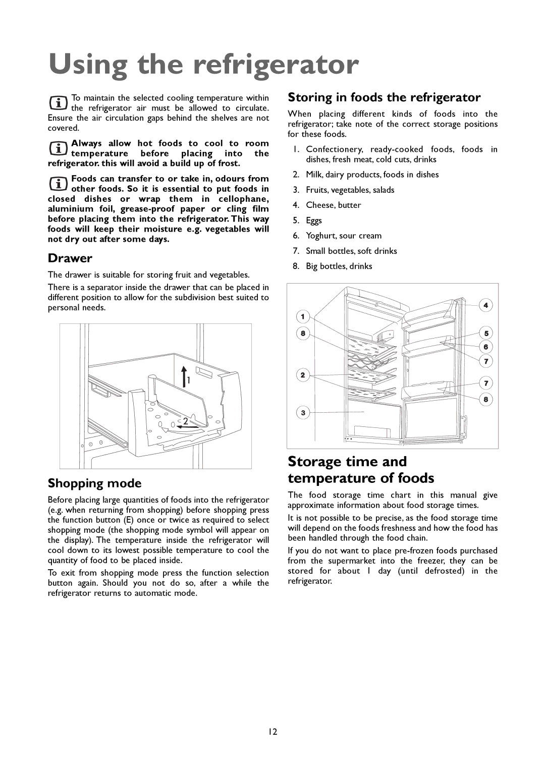 John Lewis JLFFW1803 Using the refrigerator, Storage time and temperature of foods, Drawer, Shopping mode 