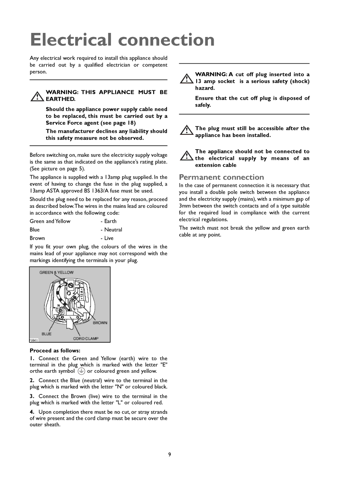 John Lewis JLFFW1803 instruction manual Electrical connection, Permanent connection, Proceed as follows 