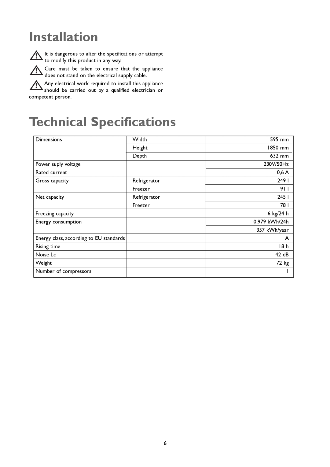 John Lewis JLFFW1803 instruction manual Installation, Technical Specifications, Energy class, according to EU standards 