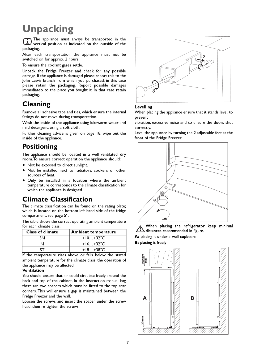 John Lewis JLFFW1803 instruction manual Unpacking, Cleaning, Positioning, Climate Classification 