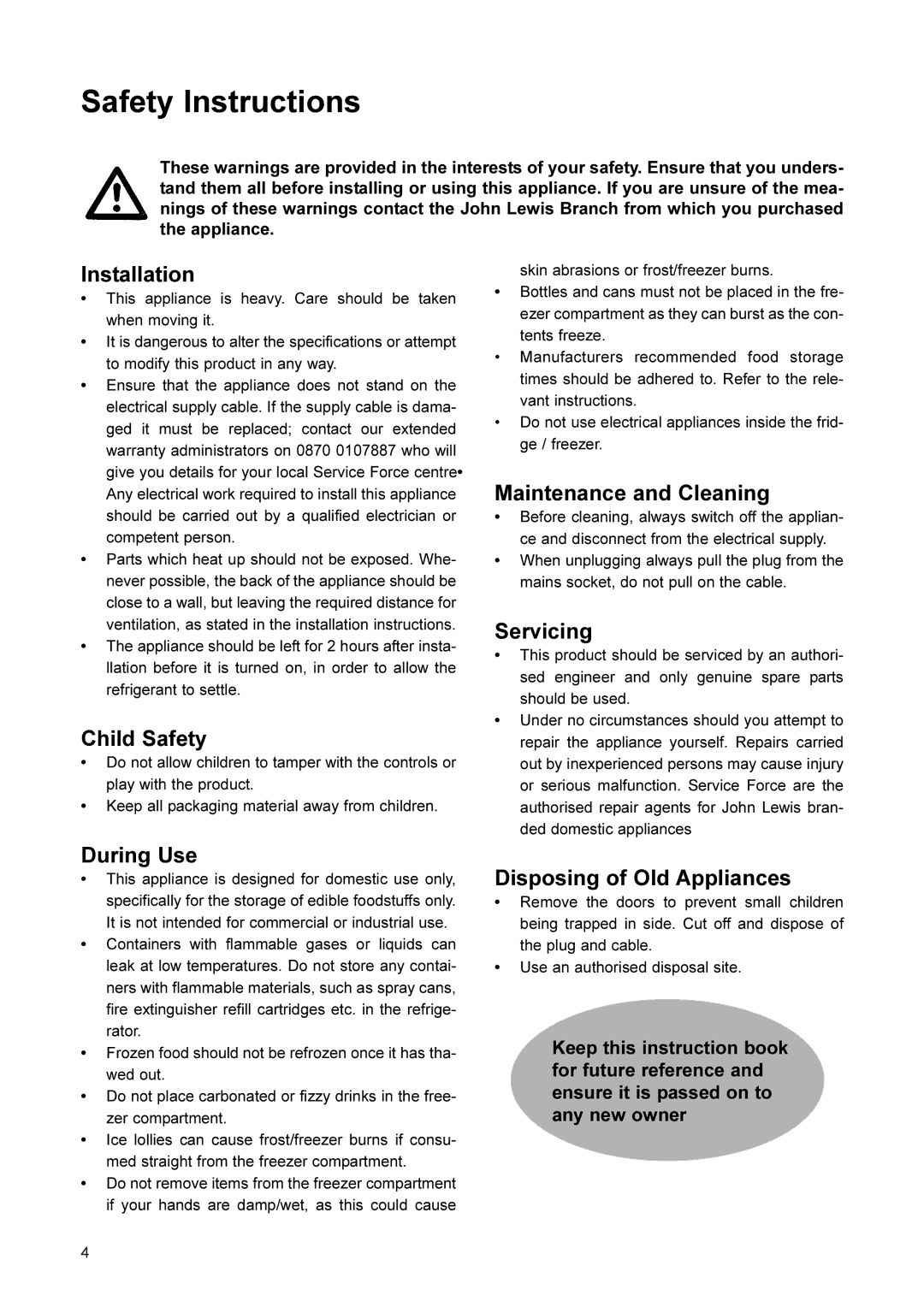 John Lewis JLFFW2001 manual Safety Instructions 