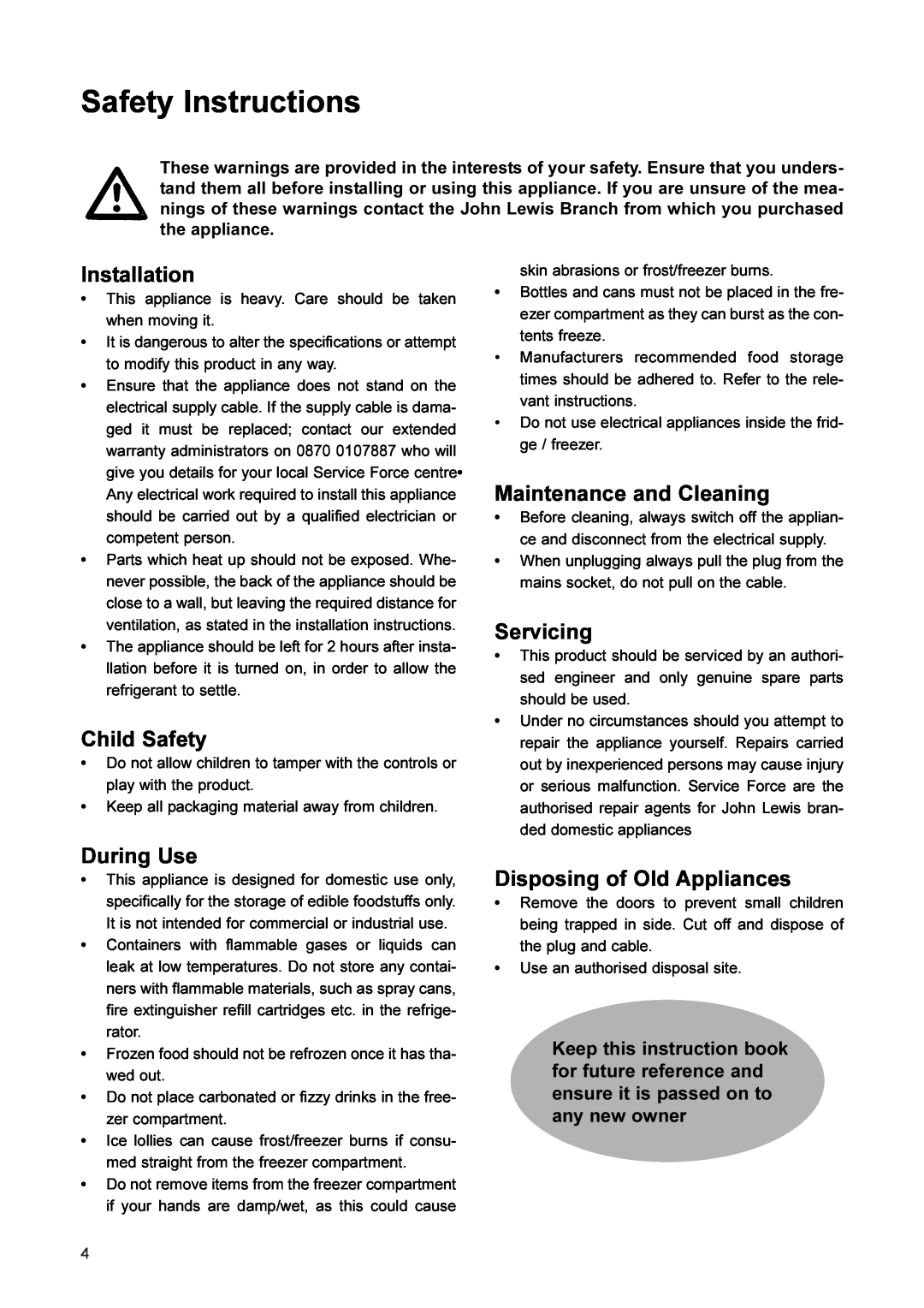 John Lewis JLFFW2001 Safety Instructions, Installation, Child Safety, Maintenance and Cleaning, Servicing, During Use 