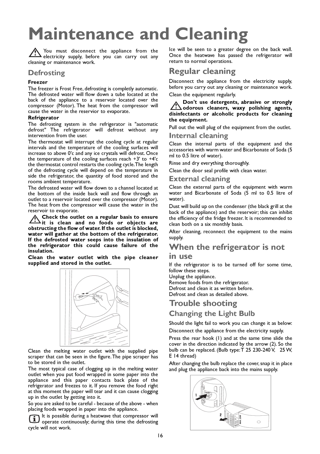 John Lewis JLFFW2004 Maintenance and Cleaning, Defrosting, Internal cleaning, External cleaning, Changing the Light Bulb 