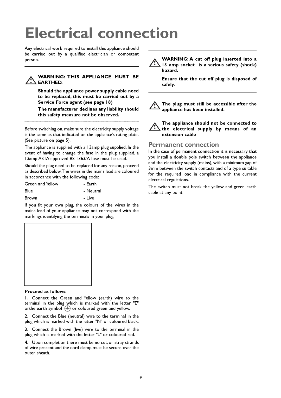 John Lewis JLFFW2004 instruction manual Electrical connection, Permanent connection, Proceed as follows 