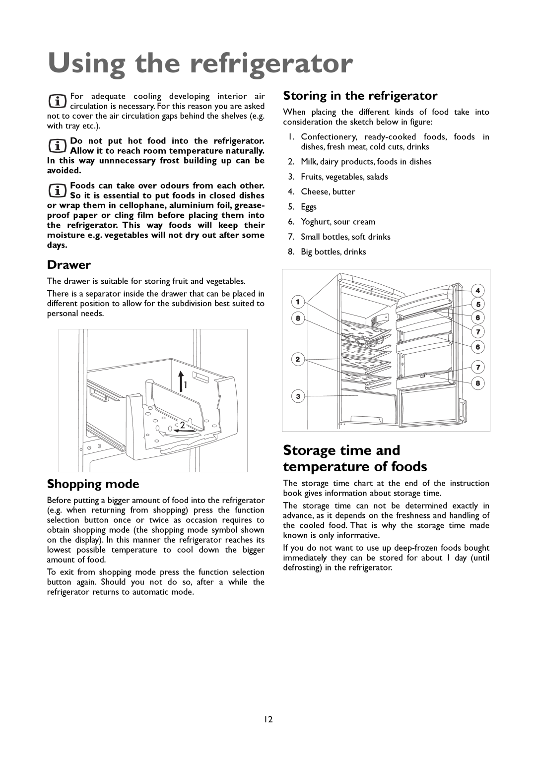 John Lewis JLFFW2004 Using the refrigerator, Storage time and temperature of foods, Storing in the refrigerator, Drawer 